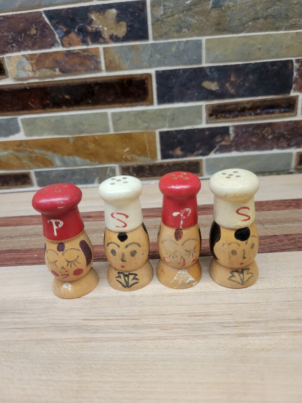 Vintage Wooden Chef 2" Salt and Pepper Shakers 2 Sets Japan Mid Century